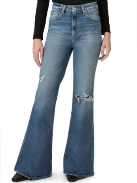 PAIGE Denim - PAIGE High-Rise Flare Jeans in Medium Blue with Distressed Knees